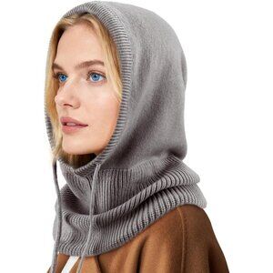 Women Scarf Hat Balaclava Beanie Skull Cap with Drawstring Warm Hat Dark Grey